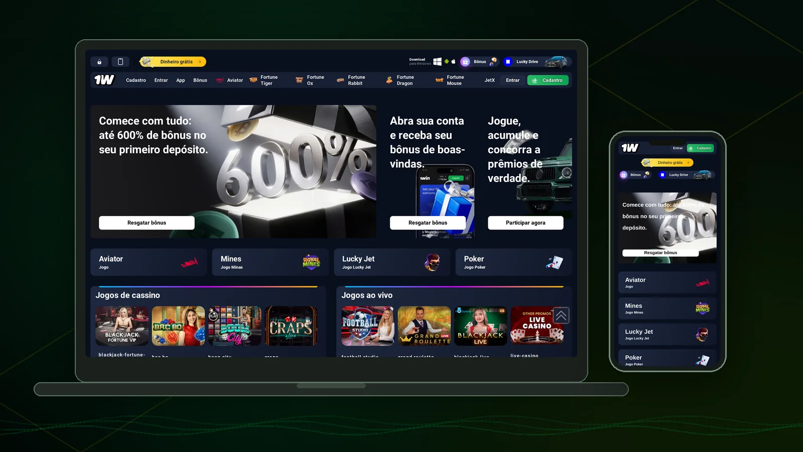Tela inicial de uma plataforma brasileira com grade de slots, banner promocional e botão de registro