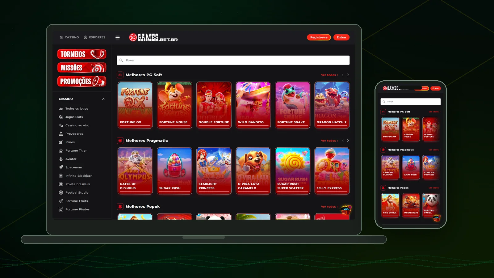 Lobby de cassino brasileiro em português com a grade de slots da PG Soft aberta no notebook e no celular