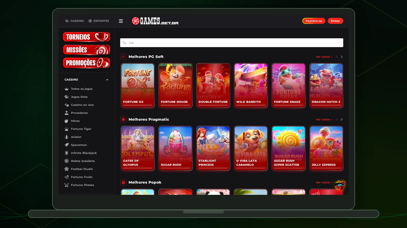 Grade de jogos de um cassino brasileiro no celular, com os títulos da família Fortune nas primeiras linhas
